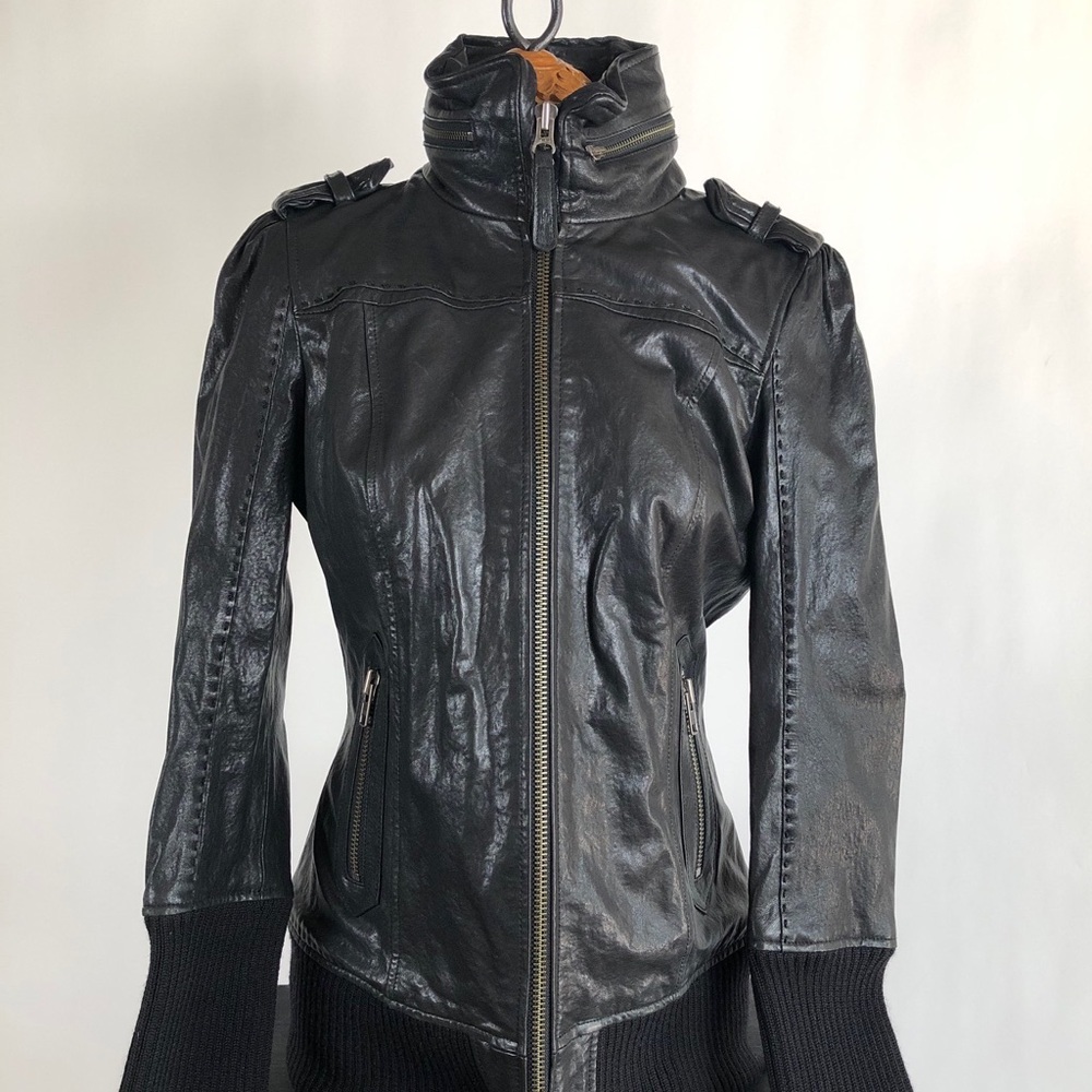 Black Leather Bomber Jacket by Mackage with Hidden Hood